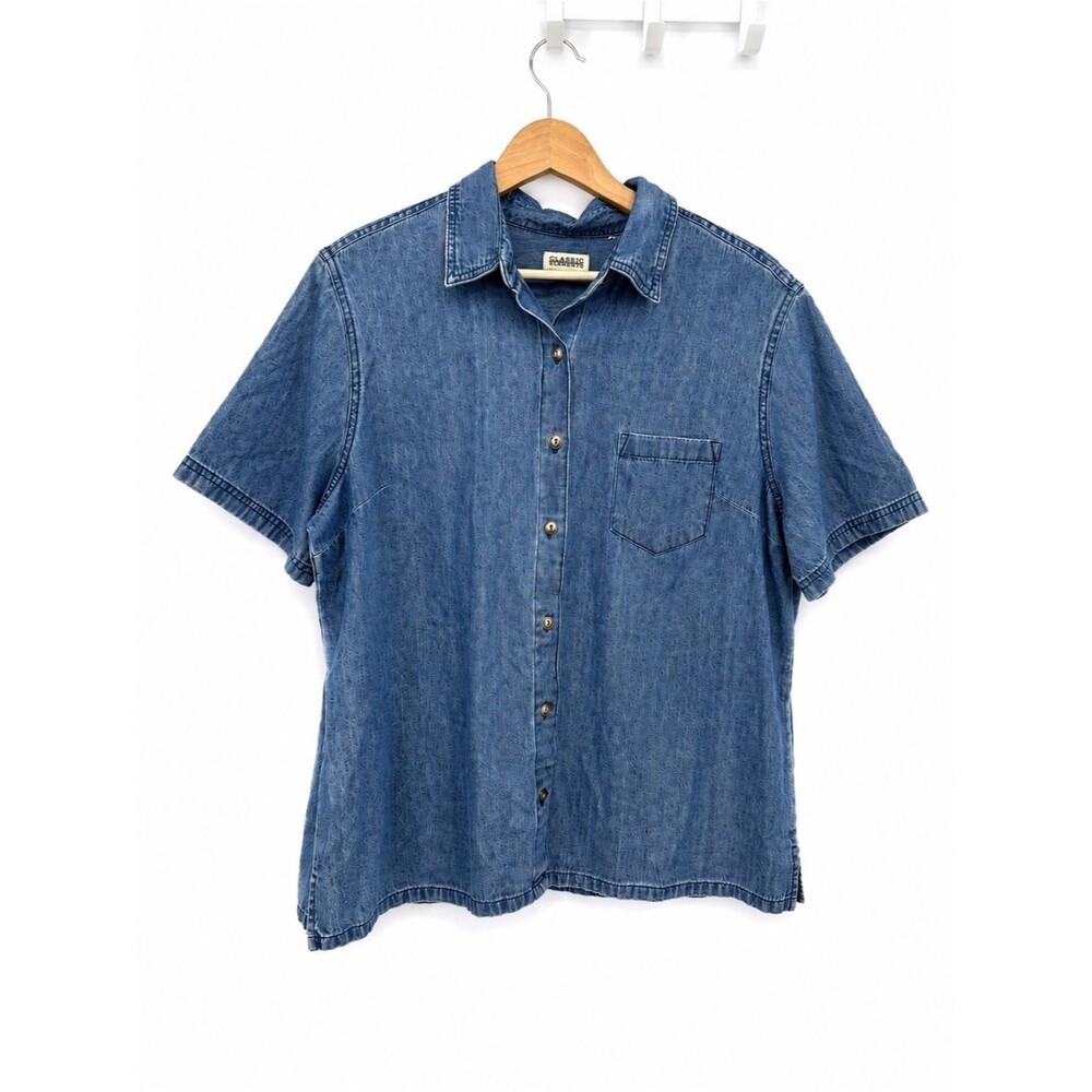 Classic Elements Blue Button Up Shirt Classic Short Sleeve Size Large Cotton